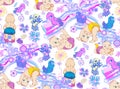 Cute small bird and baby. Seamless pattern.